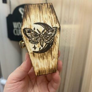 Wooden Coffin-Shaped Trinket Box with Moth Design